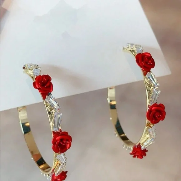 SHEIN Gold and Red Rose Hoop Earrings - Picture 1 of 5